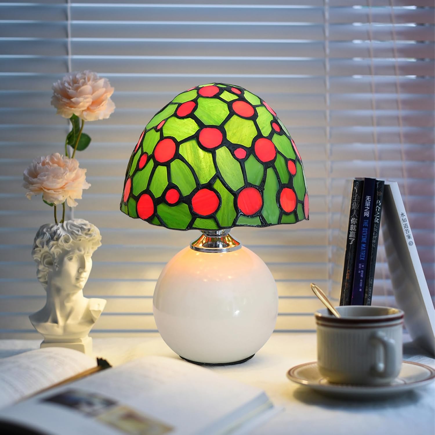 71m0zGy0c-L._AC_SL1500_.jpg Tiffany Style Stained Glass Green Red Mushroom Table Lamp Bedroom Bedside Office Art Nightstand Accent Small Night Light Unique Esthetic Cute Kids Girls Decor Vintage Home Ceramic Desk Lamp - Image 2