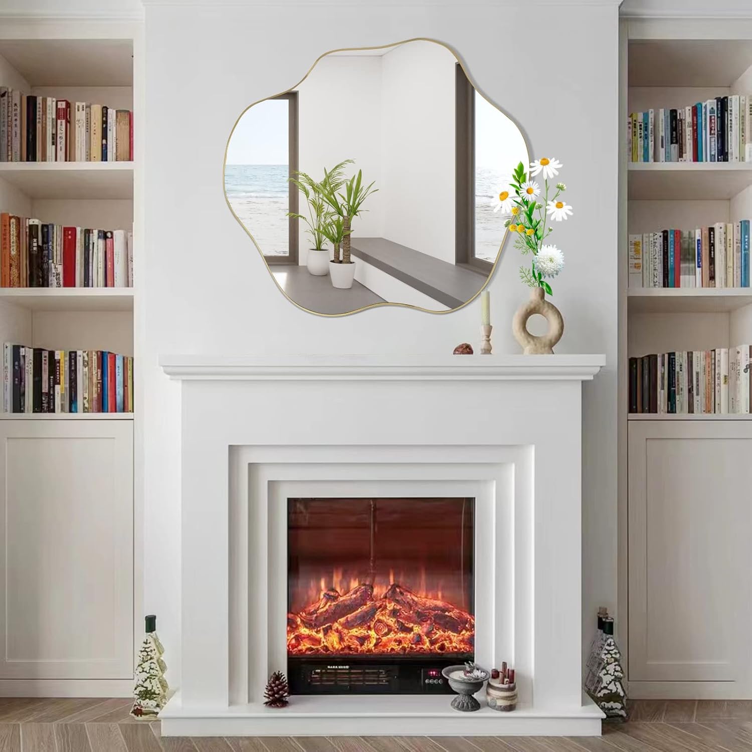 71m13ArFQdL._AC_SL1500_.jpg Irregular Mirror, Asymmetrical Wall Mirror, 30"x26.8" Gold Waved Decorative Round Mirrors, Modern Scalloped Mirrors for Living Room Bathroom Bedroom Entryway - Image 3
