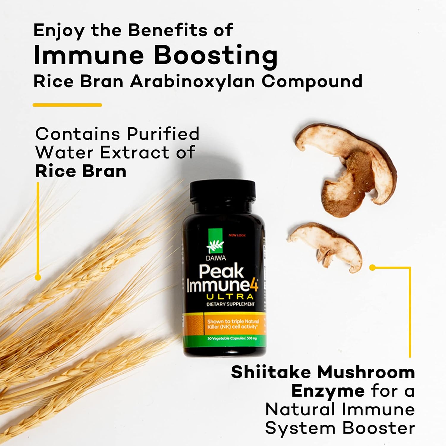 71m3KGRVGsL._AC_SL1500_.jpg Daiwa PeakImmune4 Natural Immune Support Supplement with RBAC Rice Bran and Mycelia Extract from Shiitake Mushrooms - Ultra Strength - Image 3