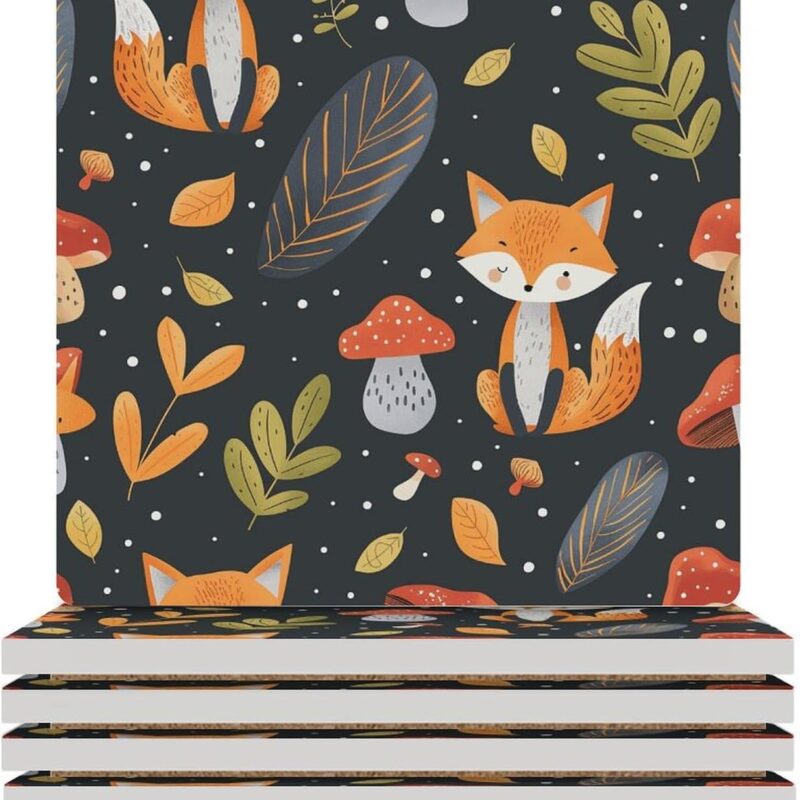 6pcs Square Ceramic Coasters Drink Coaster Leaves and Mushrooms Printed Coasters Home and Coffee Birthday Gifts Suitable for Kinds of Cups