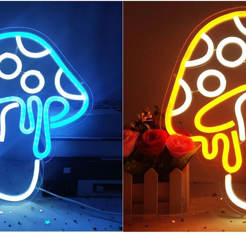 Ajoyferris Mushroom Neon Sign Dimmable Led Light Cute Mushroom Night Light 3d Wall Art Signs For Wall Game Room Bedroom Decor Holiday Gift For Children Kids Girl (Ice Blue + Orange)
