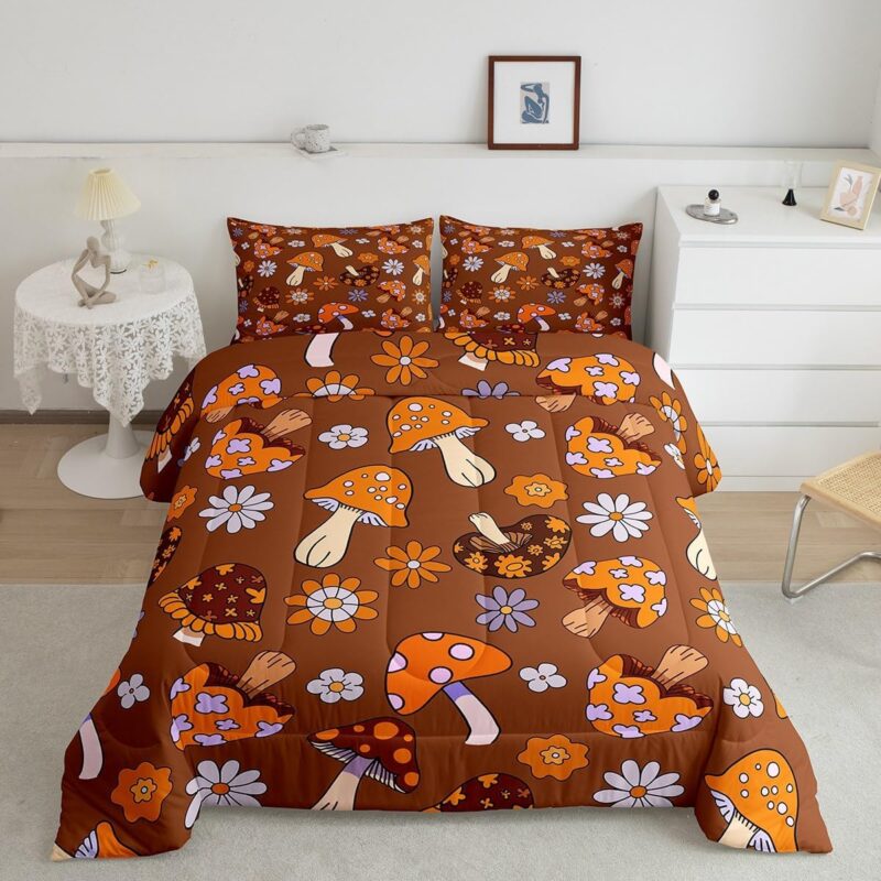 Erosebridal Groovy Flower Comforter Queen for Teens Youth,Vintage Orange Graffiti Mushroom Bedding Set Queen,1970 1960 Retro Party Decorations Quilt Set,Boho Floral Duvet Insert with 2 Pillow Shams