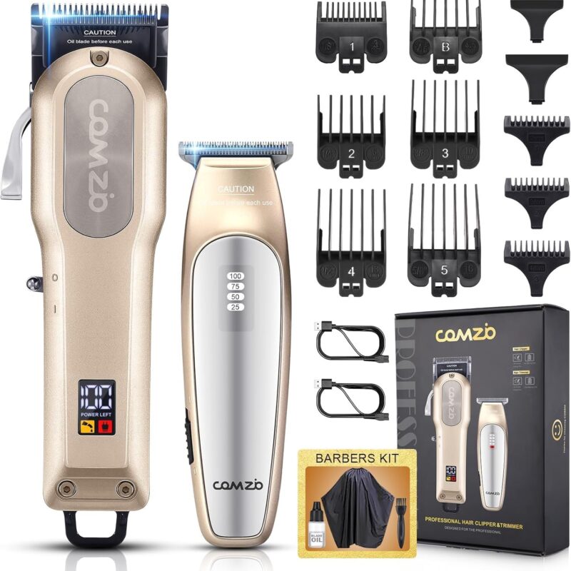 COMZIO® Professional Hair Clippers for Men, Professional Barber Clippers and Trimmers Set, Mens Cordless Hair Clippers for Barbers Haircut, Mens Grooming Kit Fade with LED Display 9 Guide Combs
