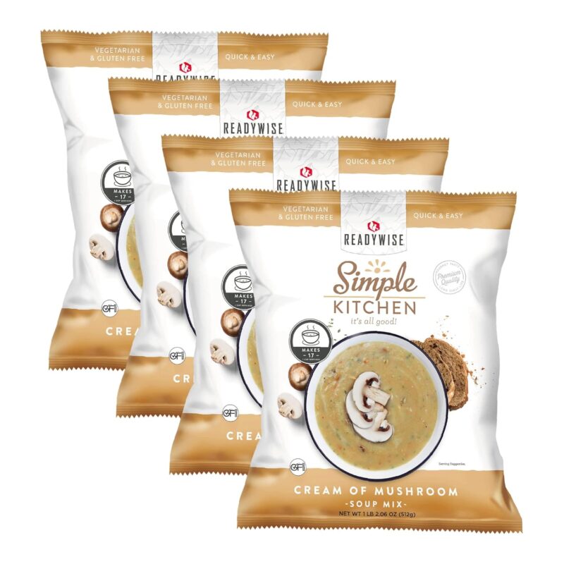 READYWISE - Simple Kitchen, Cream of Mushroom Soup, 17 Servings Per Pack, MRE, Gluten Free, and, Vegetarian, Hiking, Camping Essentials, Food, Soup Mix, for Events, Restaurants, Emergency Food Supply, Meal Prep, or Daily Use, Pack of 4