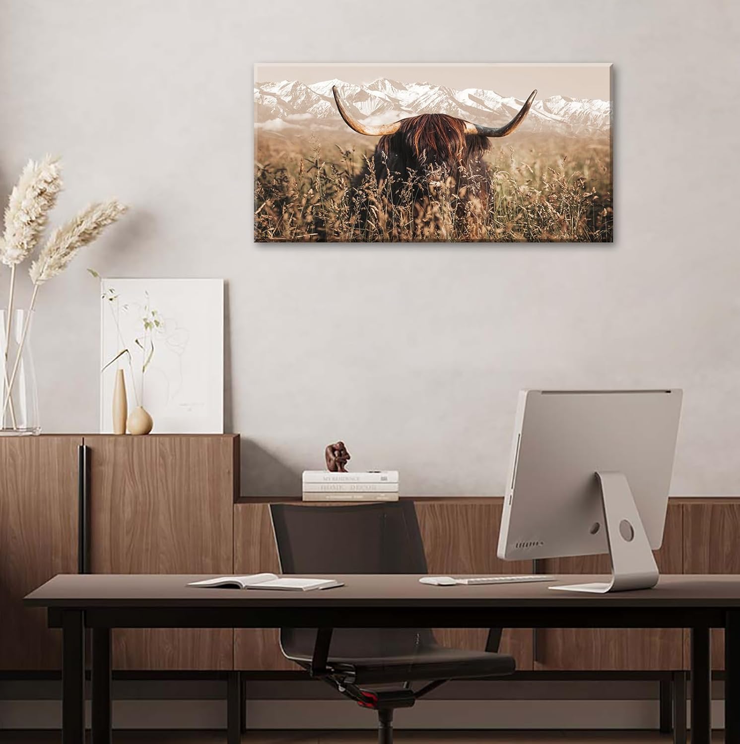 71nvhTvkg2L._AC_SL1500_.jpg DJSYLIFE Highland Cow Wall Art Farmhouse Decor Canvas Printed Country Cow Pictures Western Rustic Modern Artwork Decorations for Bedroom Office Living Room Framed Ready to Hang 20" x 40" - Image 2