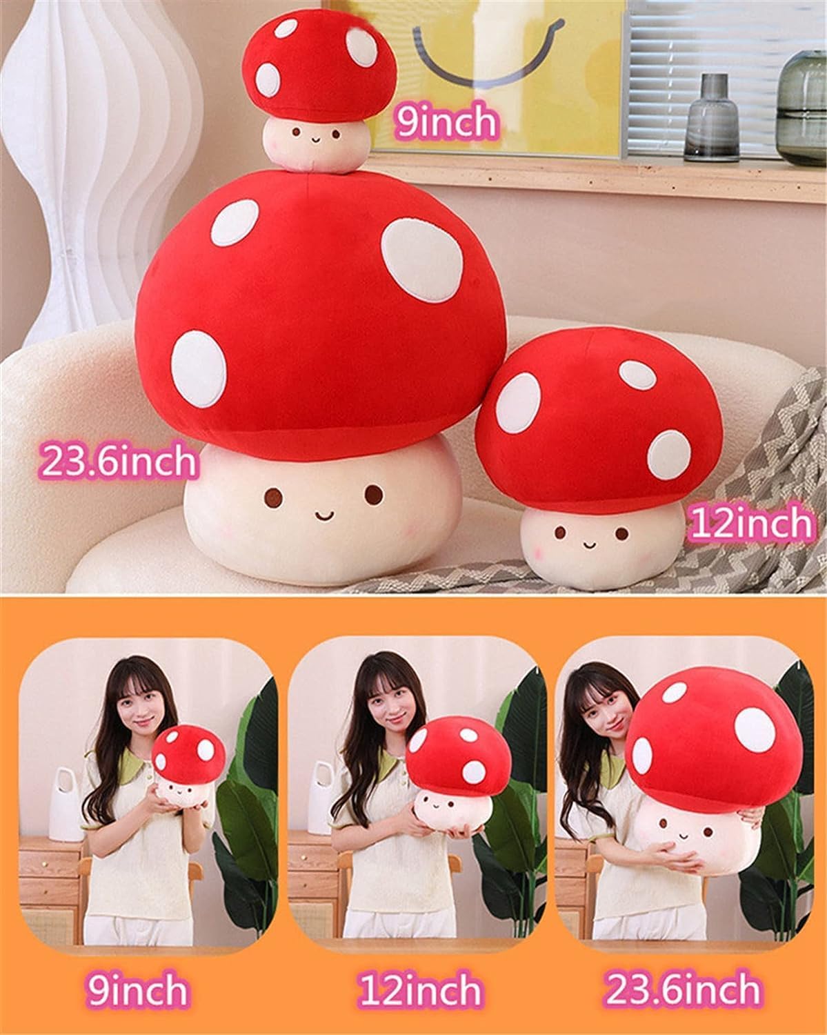 71nyJINuFL._AC_SL1500_.jpg Cute Mushroom Plush Kawaii Doll Mushroom Plushie Stuffed Animal Pillow Home Decor Kids Gifts (Red, 23.6 inch) - Image 4