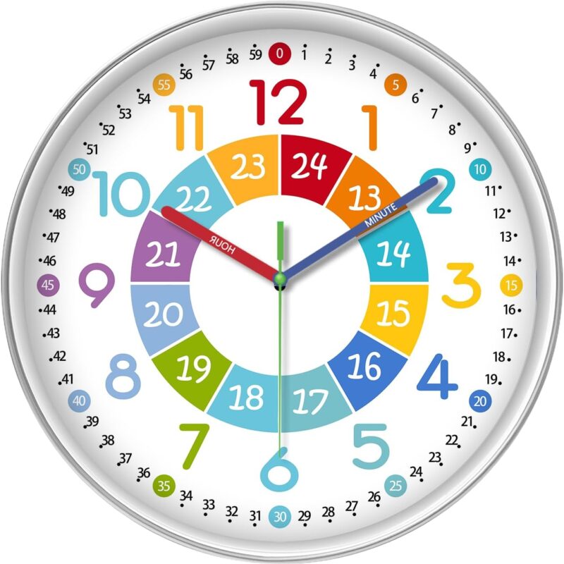 XFM Colorful Silent Wall Clock Classroom Telling Time Teaching Clock Kids 10 Inch Small Wall Clock Battery Operated