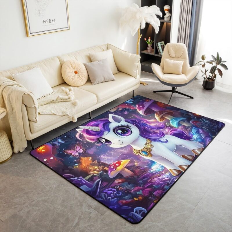 Erosebridal Girls Unicorn Living Room Rugs 6'6" x 4'11" Rainbow Horse Area Rug Butterfly Fantasy Dreamy Mushroom Ctystal Dark Purple Decorative Carpet Non Slip Washable Indoor Floor Mat