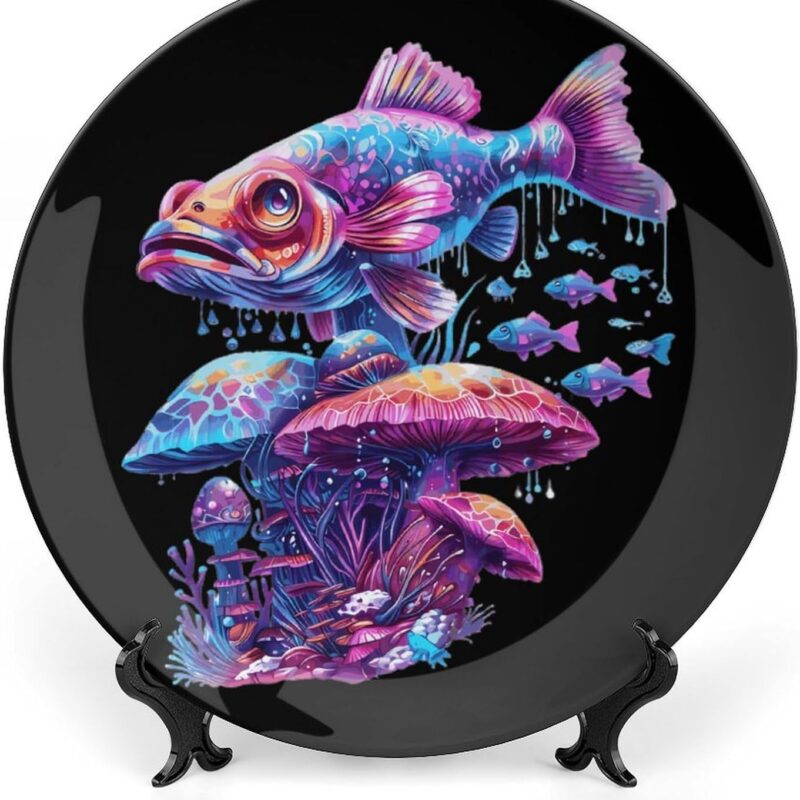 Glowing Magic Mushroom Fish Bone China Ceramic Decorative Plates Craft with Display Stand for Home Decor