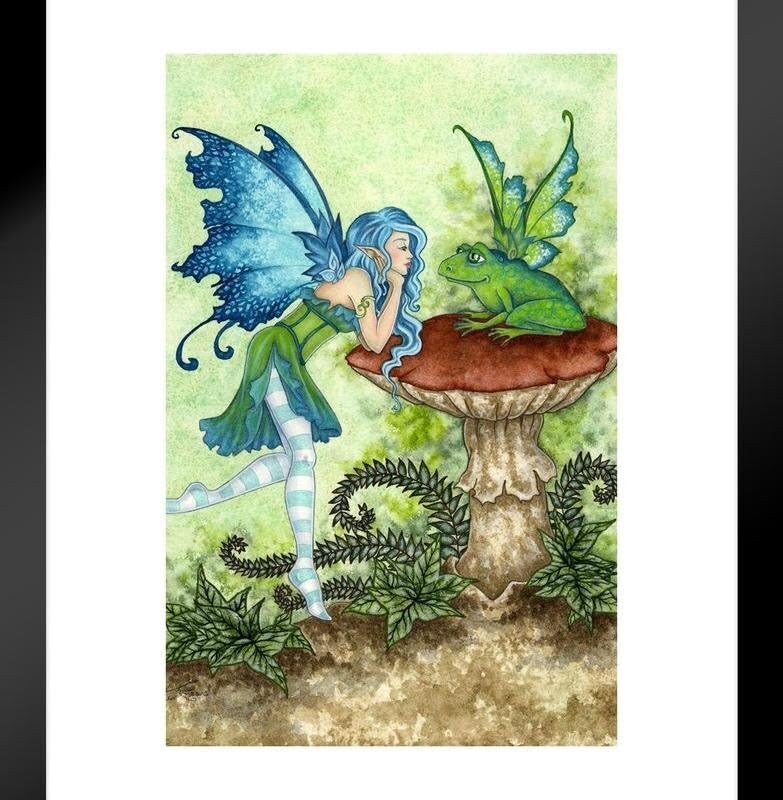 Frog Gossip Woodland Fairy by Amy Brown Fantasy Poster Toadstool Mushroom Nature Magical Matted Framed Art Wall Decor 20x26