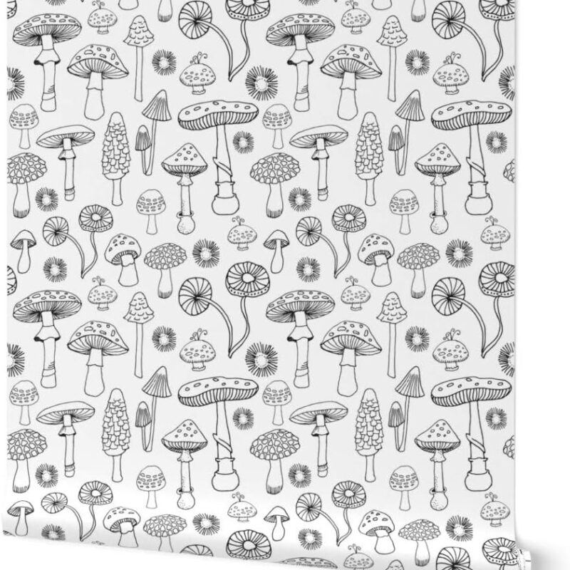 Peel & Stick Wallpaper 6ft x 2ft - Mushroom Black White Coloring Book Line Drawing Botanical Woodland Custom Removable Wallpaper by Spoonflower