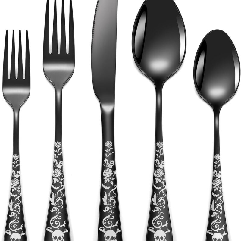 Skull Pattern Black Silverware Set for 8,OIULO 40-Piece Pirate Rose Flatware set,Skeleton Flower Bat Unique Design,Mirror Polished Gothic Knive Fork Spoon Cutlery Daily Halloween Party Gift Event