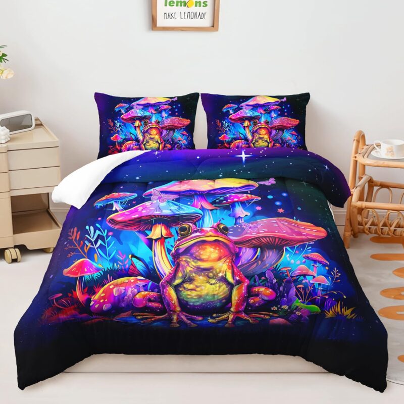 AILONEN 3Pcs Mushroom Frog Bedding Set Queen, Cartoon Mushroom Butterfly Quilt Set, Fairy Bedroom Decor for Boys Girls, Starry Night Colorful Frog Fungus Soft Comforter with 2 Pillowcases
