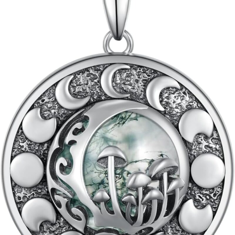 Mushroom Necklace Sterling Silver Mushroom Moonstone/Moss Agate Pendant Necklace Moon Phase Jewelry Gift for Women