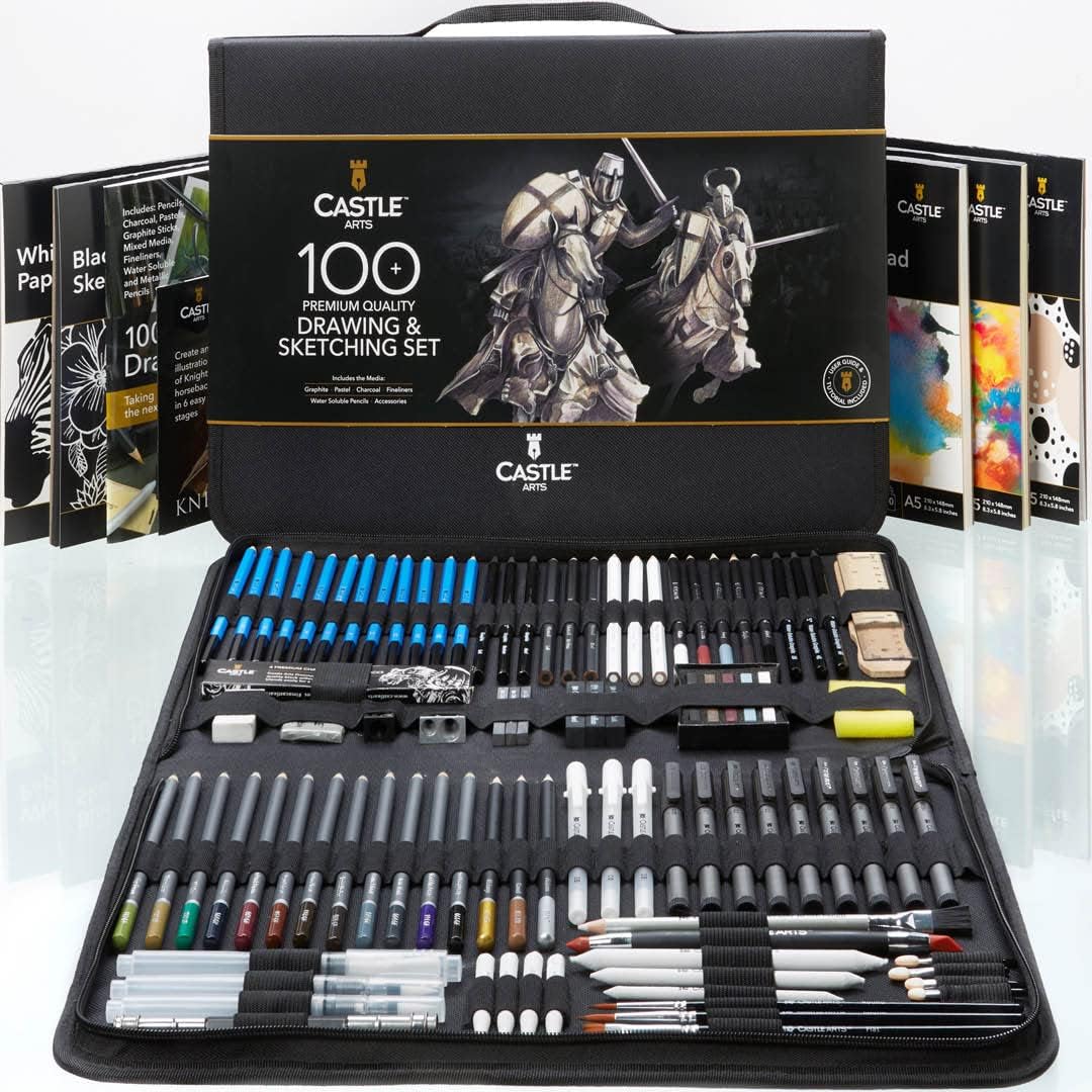71sPxDxq4QL._AC_SL1080_.jpg Castle Art Supplies 100 Piece Drawing & Sketching Set | Graphite, Charcoal, Pastel, Metallic & Water Soluble Pencils + Sticks, Fineliners | For Professionals, Adult Artists | In Tough Travel Case