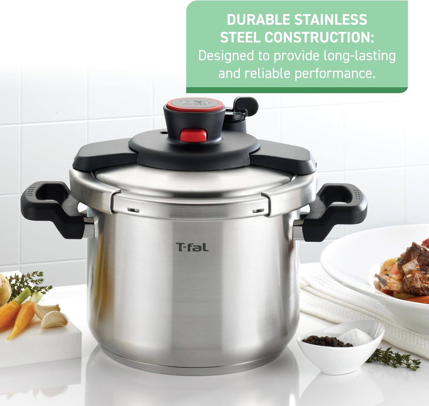 71sXO8u0raL._AC_SL1500_.jpg T-fal Clipso Stainless Steel Pressure Cooker 6.3 Quart, Induction, Secure locking System, One Hand System, Recipe Book Included, Cookware, Pots and Pans, Kitchen, Dishwasher Safe, Silver - Image 3