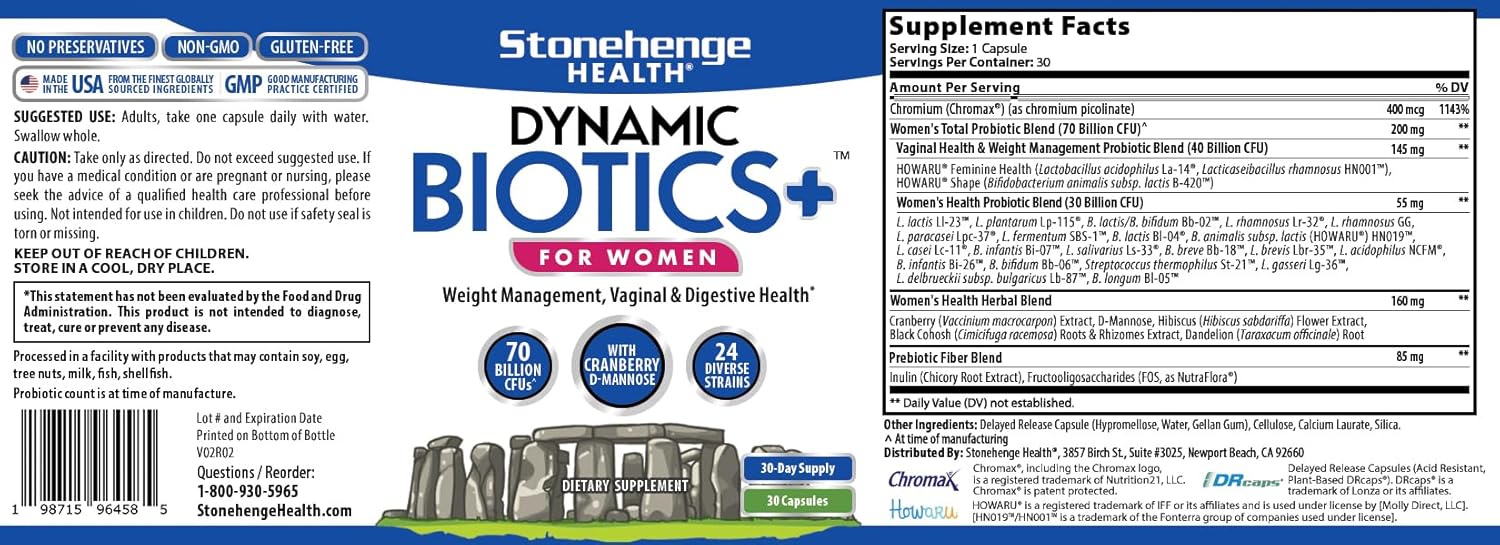 71t9BuL1k2L._AC_SL1500_.jpg Stonehenge Health Probiotics 70 Billion CFU + 24 Strains, Prebiotic, Dynamic Biotics+ for Women, New Formula for Weight Management, Digestive & Vaginal Support, Delayed Release Shelf Stable Non-GMO - Image 7