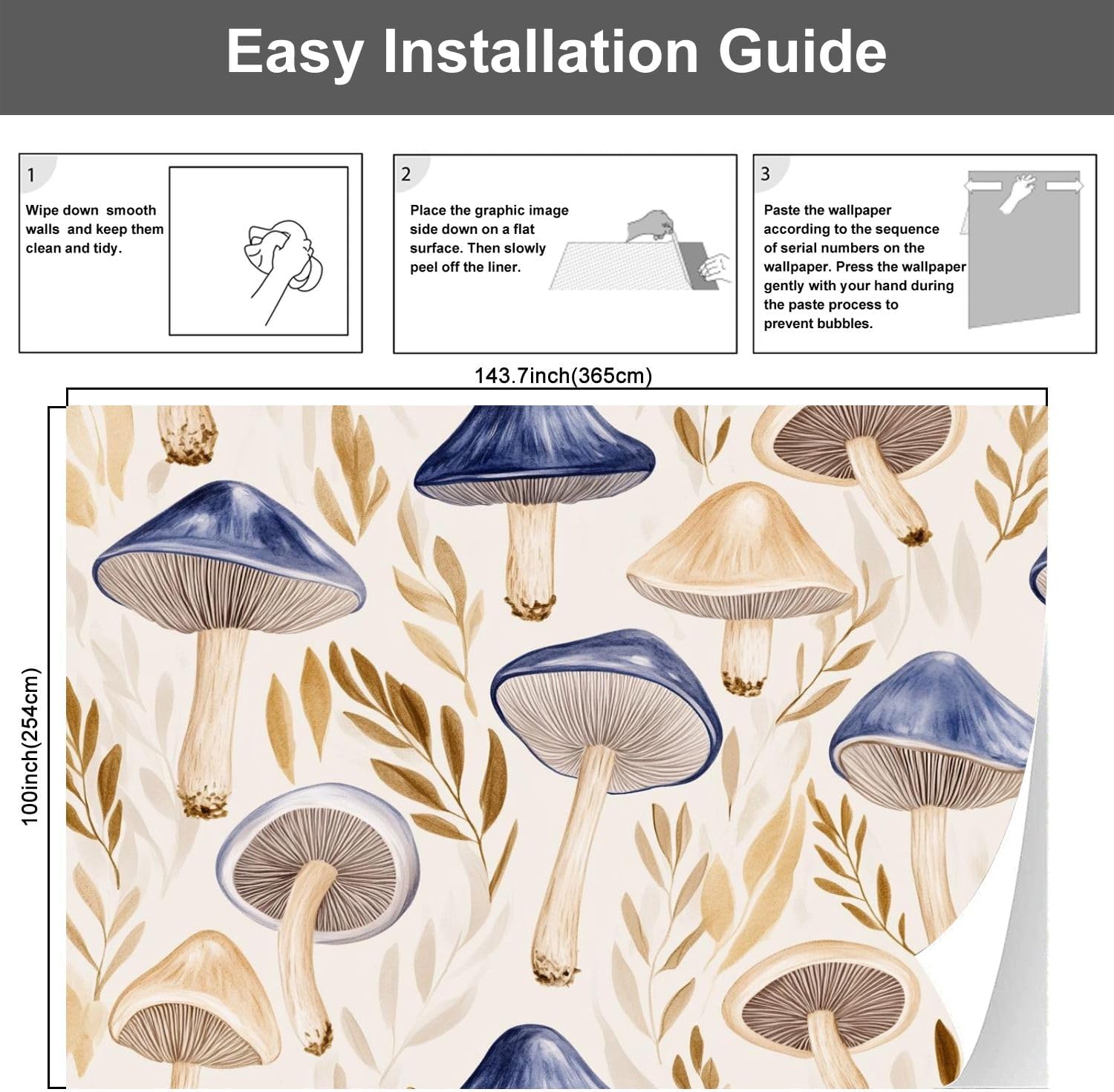 71tJIBlTPTL._AC_SL1500_.jpg Modern Peel and Stick Wall Mural Wallpaper Beige Blue Mushroom Vintage Mushrooms Leaves Caps Brown Stems Self Adhesive Removable Wall Stickers for Living Room Bedroom TV Background 100"x144" - Image 7