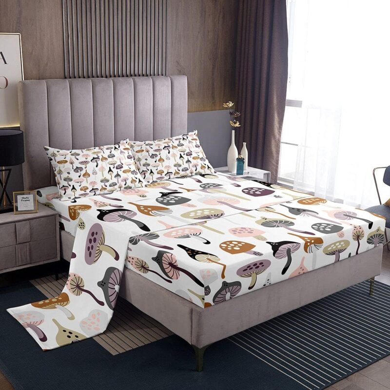 Feelyou Cute Mushrooms Bed Set Cartoon Mushrooms Decor Sheet Set for Kids Boys Girls Lovely Botanical Plants Bed Sheets Wild Fungus Sheets 4Pcs Queen Size