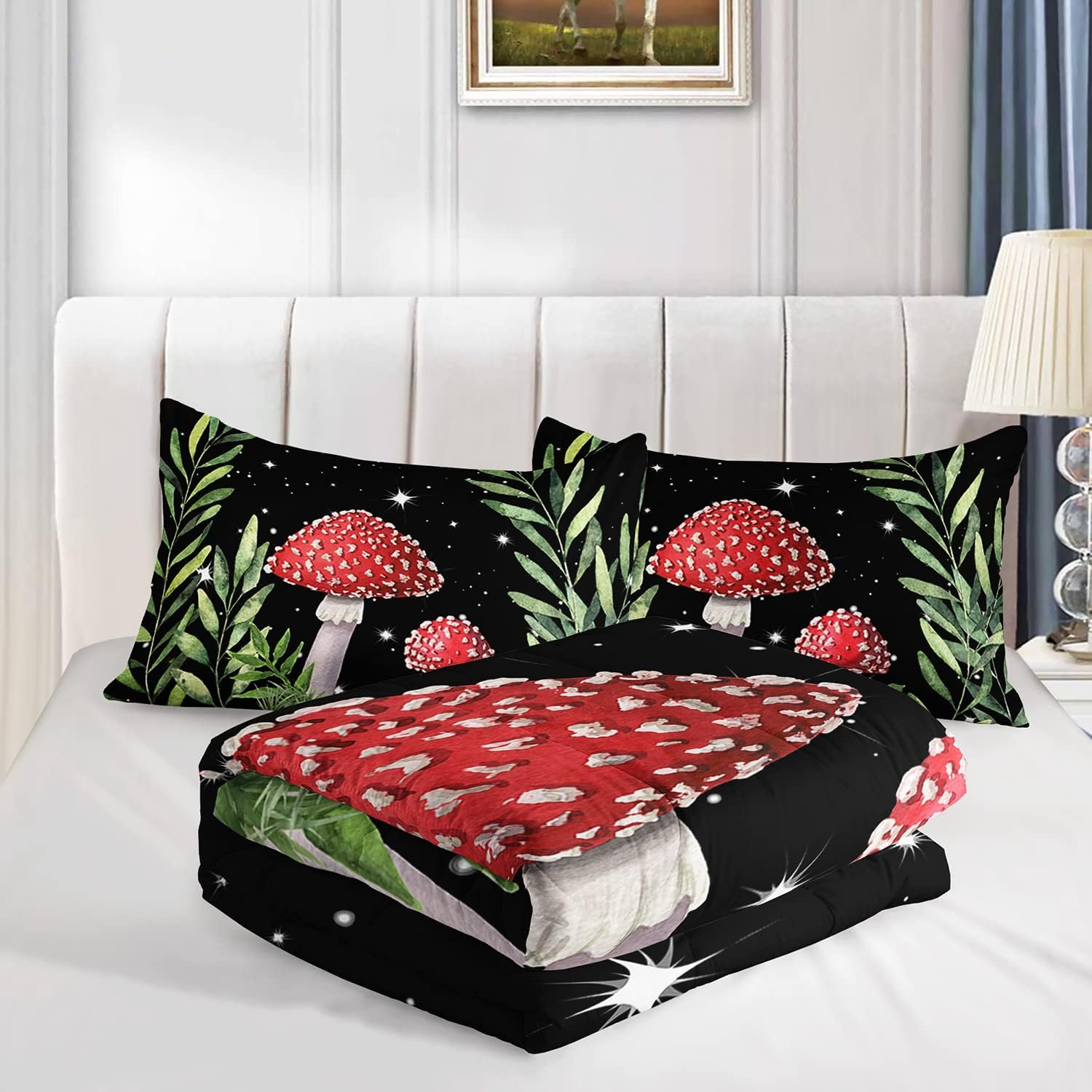 71u1NoGK8GL._AC_SL1500_.jpg Galaxy Mushroom Comforter Set Queen Size Kids Mushroom Bedding Set Leaves Quilt Bed Set for Boys Girls Adults with 1 Comforter and 2 Pillowcases - Image 5