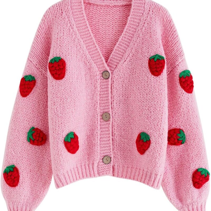 CHICWISH Women's Candy Pink/Cream Stitch Strawberry Button Up Hand Knit Cardigan