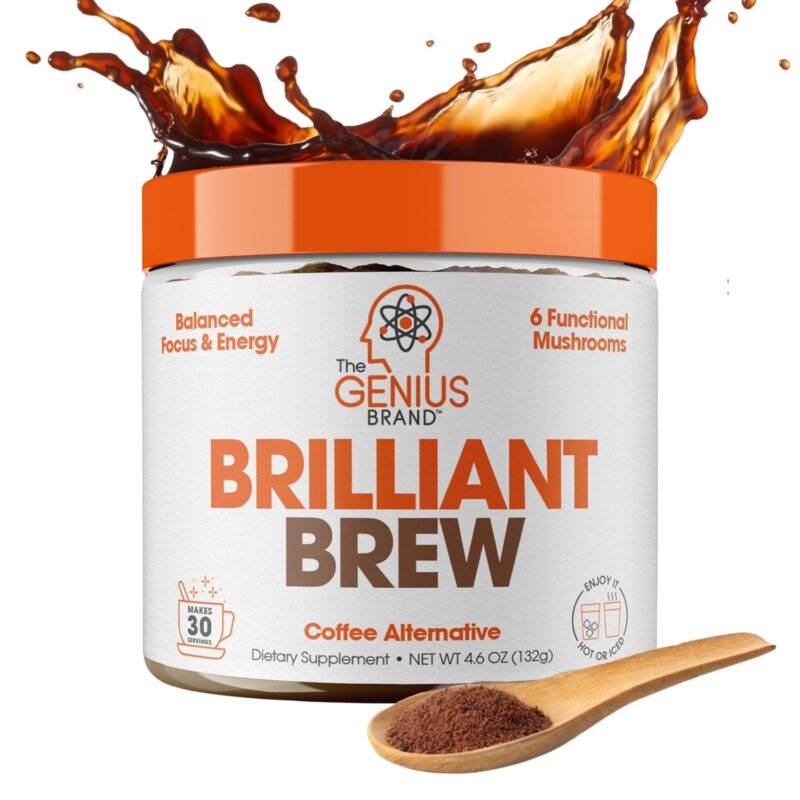 The Genius Brand Brilliant Brew, Coffee Alternative- Nootropic Adaptogen Mushroom Coffee Substitute, Zero Sugar, No Preservatives or Artificial Flavors, Non-GMO & Soy-Free