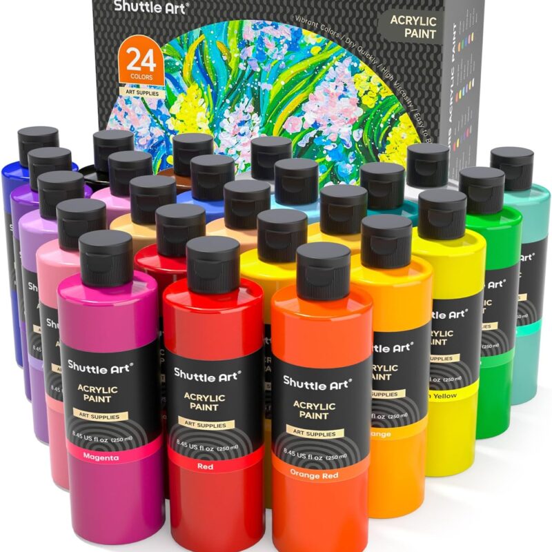 Shuttle Art Acrylic Paint, 24 Colors Acrylic Paint Bottle Set, 250ml/8.45oz Each, Rich Pigments, High Viscosity, Bulk for Artists, Beginners and Kids Painting on Rocks Crafts Canvas Wood Easter Decor