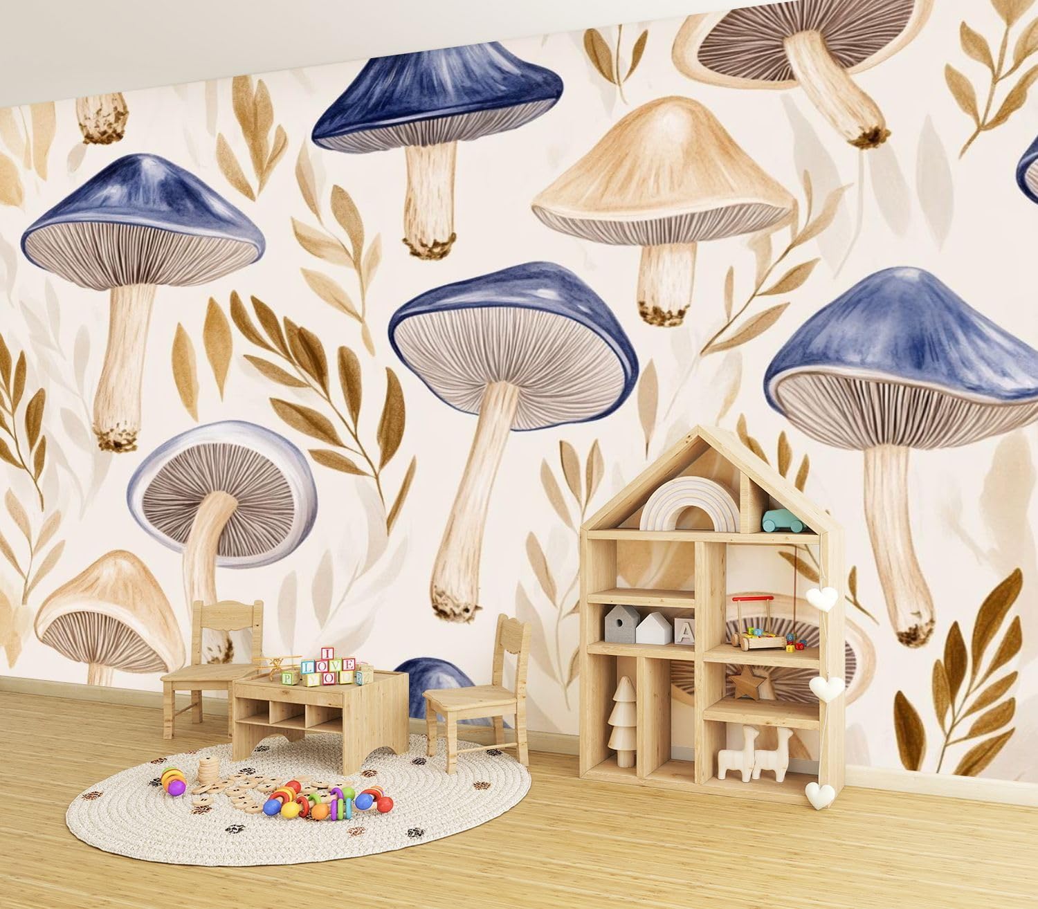 71w0K3YbygL._AC_SL1500_.jpg Modern Peel and Stick Wall Mural Wallpaper Beige Blue Mushroom Vintage Mushrooms Leaves Caps Brown Stems Self Adhesive Removable Wall Stickers for Living Room Bedroom TV Background 100"x144" - Image 4