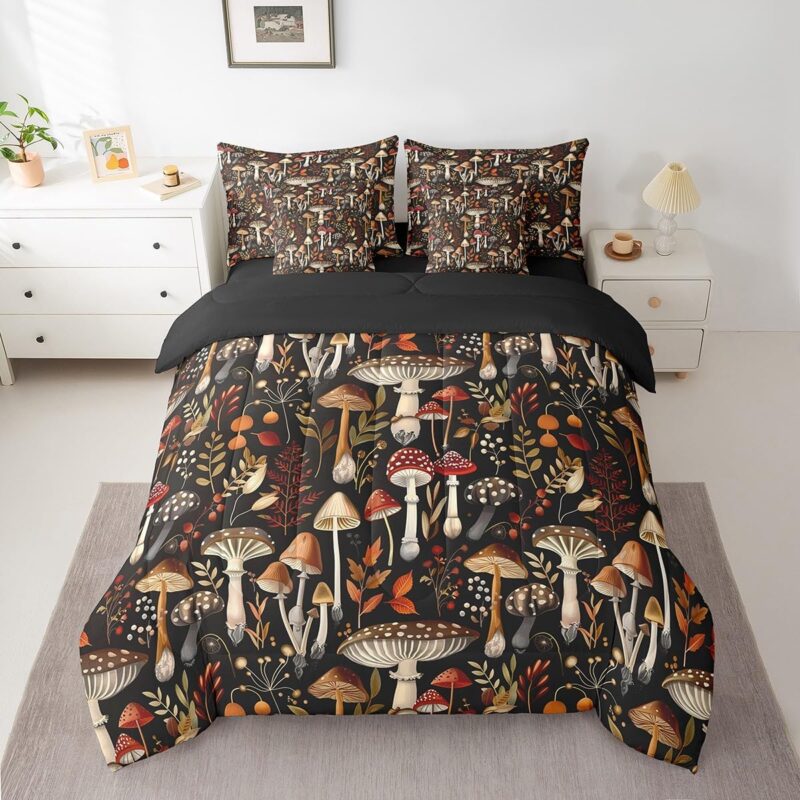 Feelyou Mushroom Decor Comforter Set with Sheets 7 Piece for Girls Boys Kids Full Kawaii Fungus Bed in a Bag Room Decorative Botanical Leaf Print Bedding Set Wild Mushroom Stuff Bed Set,No Conforter