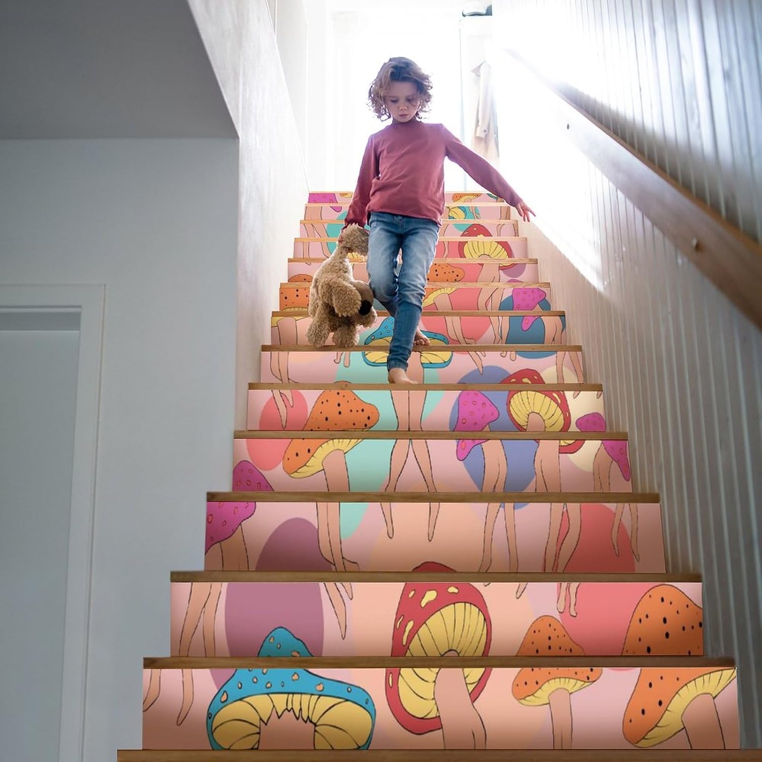 71xIQH7a2UL._AC_SL1500_.jpg Funny Mushroom Stair Stickers Abstract 70s 80s Cool Hippie Psychedelic Theme Mushroom Butt Pattern for House Stairs Decoration 2 Set(26 Pieces - Image 5