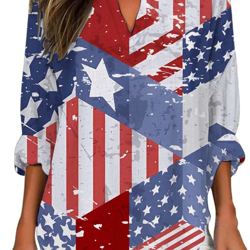 GIERIDUC Women's Long Sleeve Oversized T Shirts America Flag Loose Casual V Neck Tunic Tops Roll-up Sleeve Soft Tshirt Blouse