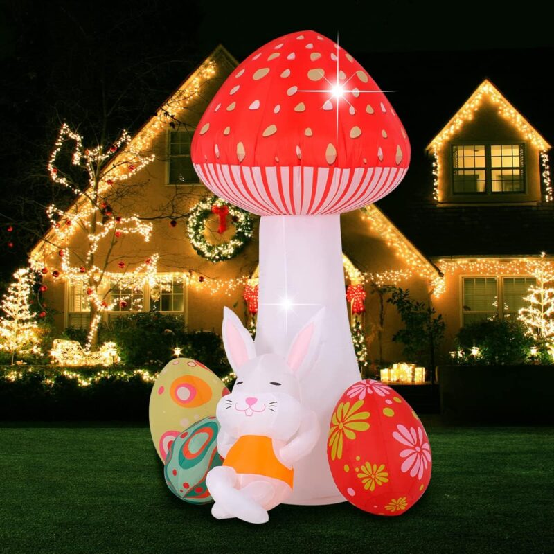Easter Inflatable Bunny Outdoor Decorations 7FT Blow Giant Mushroom Sleeping Rabbit with Eggs Decor Build-in LEDs for Yard Garden Lawn Indoors Outdoors Home Holiday…