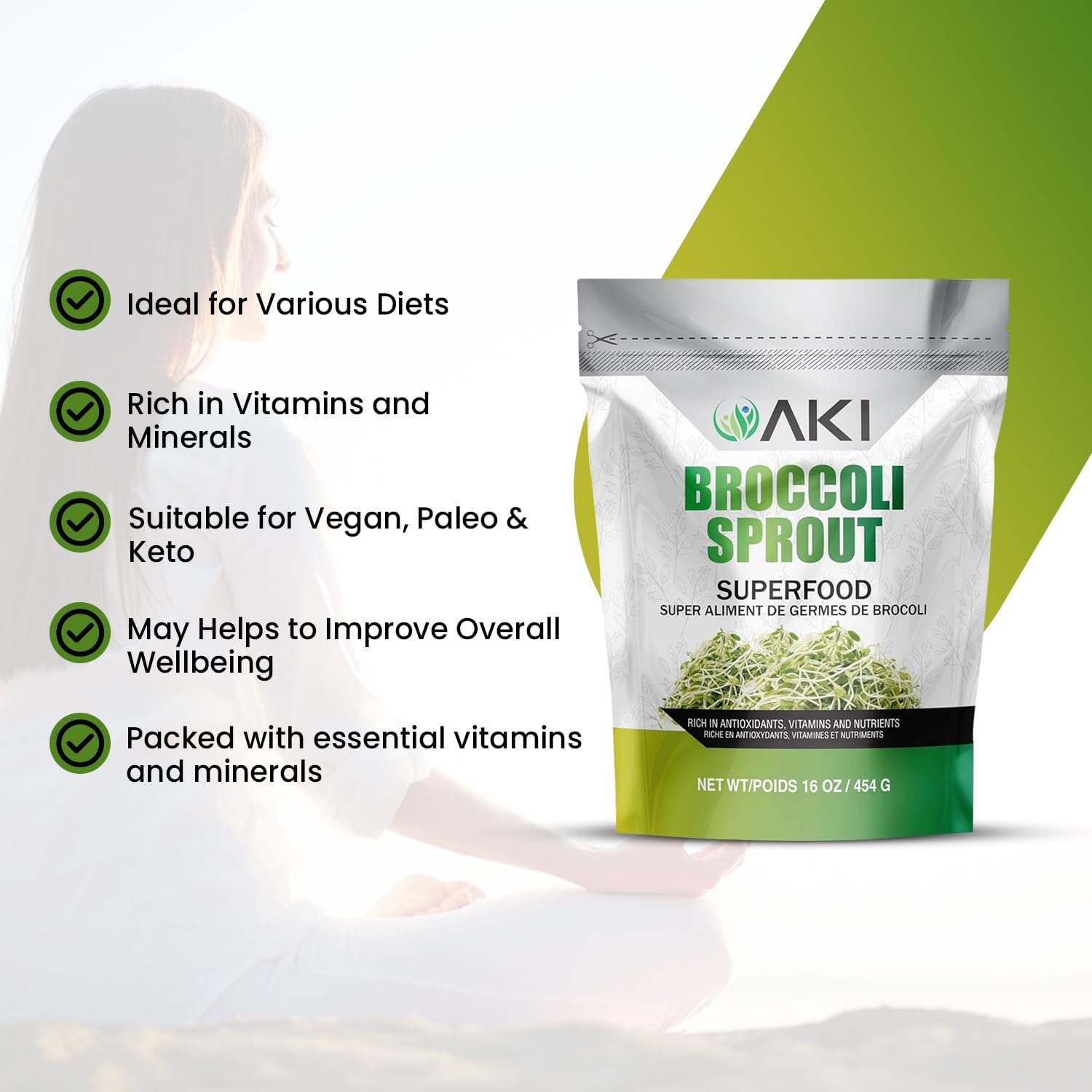71yK10SmZdL._AC_SL1500_.jpg AKI Broccoli Sprout Powder - Ideal in Vitamins & Sulforaphane - Superfood for Green Veggie Smoothie Beverage or Meal - Non GMO (16oz/454g) - Image 7