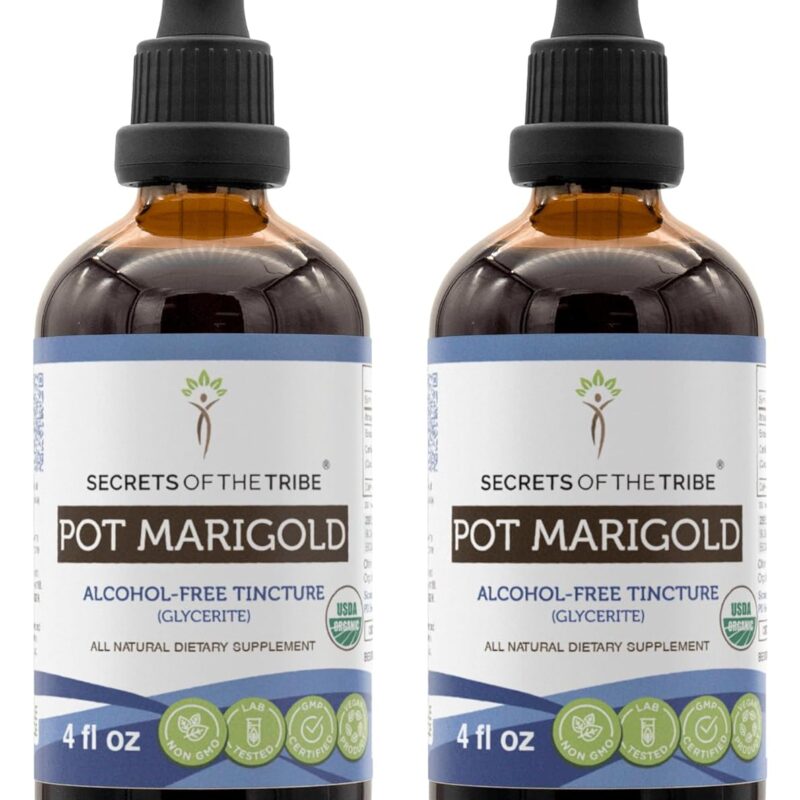 Secrets of the Tribe Pot Marigold Alcohol-Free Liquid Extract, USDA Organic Pot Marigold (Calendula, Calendula Officinalis) Dried Flower Tincture Supplement (2x4 FL OZ)