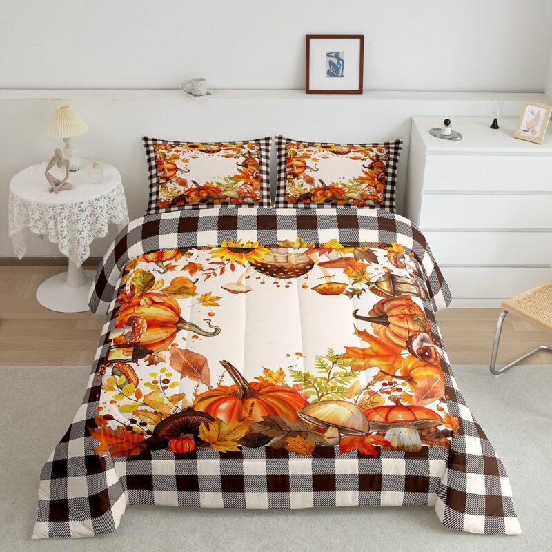 Buffalo Plaid Pumpkins Mushrooms Bedding Set Queen,Vintage Fall Harvest Theme Comforter Set For Home Bedroom,Autumn Maple Leaves Sunflower Comforter Thanksgiving Gifts Quilt Orange Black White 3 Pcs