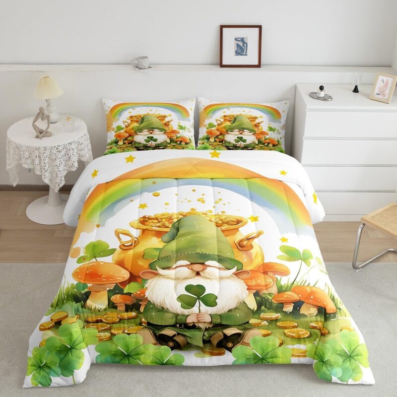 jejeloiu Happy ST Patricks Day Comforter Set Kids Boys Girls King Size Cartoon Gnomes Four Leaf Bedding Set Ultra Soft Lucky Shamrocks Duvet Quilt Rainbow Mushrooms Pattern Quilt Set Comforter