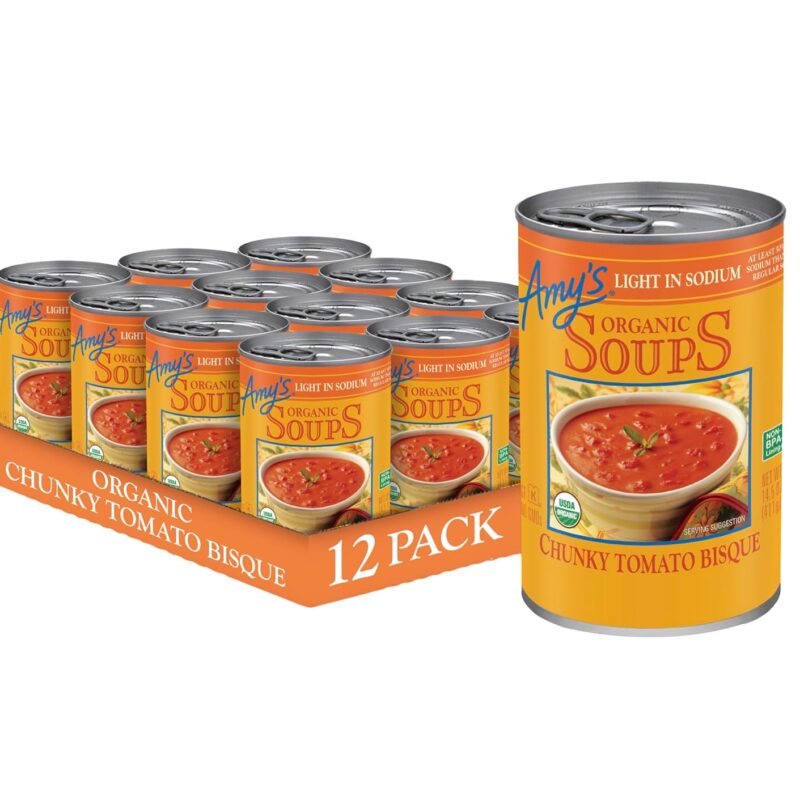 Amy’s Soup, Chunky Tomato Bisque, Light in Sodium, Gluten Free, Made With Organic Tomatoes and Cream, Canned Soup, 14.5 Oz (12 Pack)