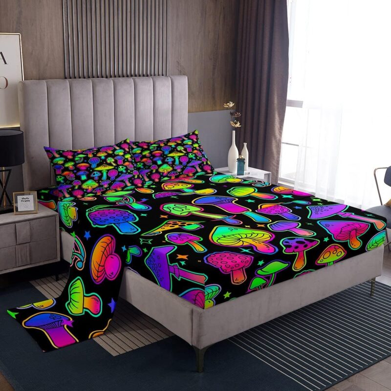 Cute Mushroom Bed Sheets Queen,Purple Teal Mushrooms Sheet Set For Kids Girls Teens Women,Hippie Botanical Bedding Set Colorful Wild Plants Stars Decor Fitted Sheet + Flat Sheet + 2 Pillow Cases