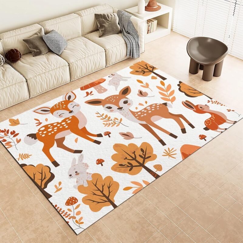 Light Print Washable Rugs, 3x4 ft Area Rugs for Living Room Painted Animal Fawn Mushroom Bedroom Kitchen Rug, Non-Slip Low-Plie Entryway Rug Floor Carpet for Dining Office Rug