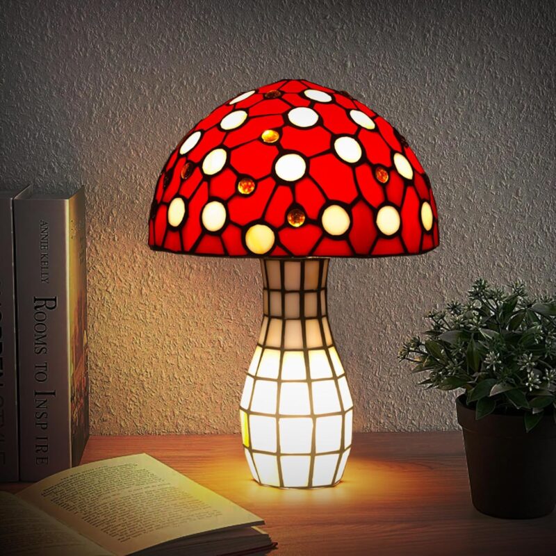 Retro Mushroom Table Lamp, Tiffany Stained Glass Small Cute Desk Light Vintage Decor