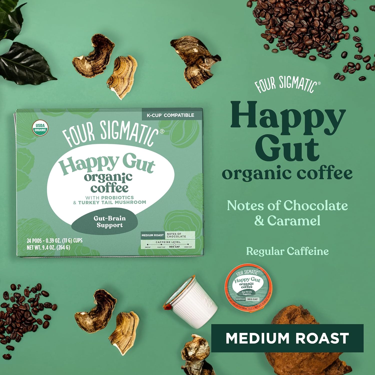 81-SaqK9kyL._SL1500_.jpg Four Sigmatic Happy Gut Organic Coffee Pods | Medium Roast Probiotic K Cups with Chaga and Turkey Tail | Immune Boosting, Probiotic Mushroom Coffee K Cups for Gut Health and Immune Support | 24 Count - Image 6
