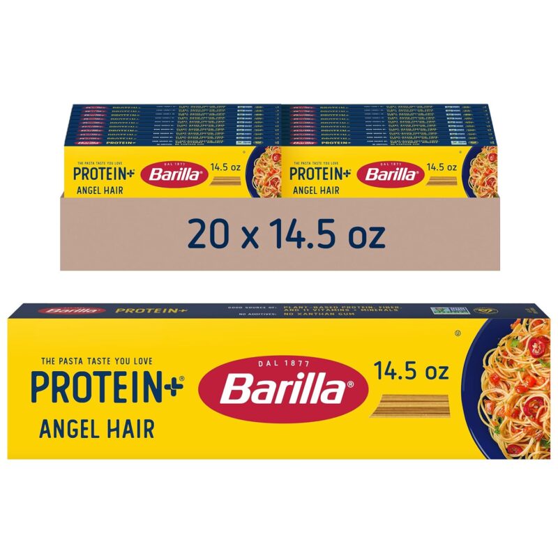 BARILLA Protein+ (Plus) Angel Hair - Protein from Lentils, Chickpeas & Peas - Good Source of Plant-Based Protein - Protein Pasta - Non-GMO - Kosher Certified - 14.5 Ounce Box (Pack of 20)