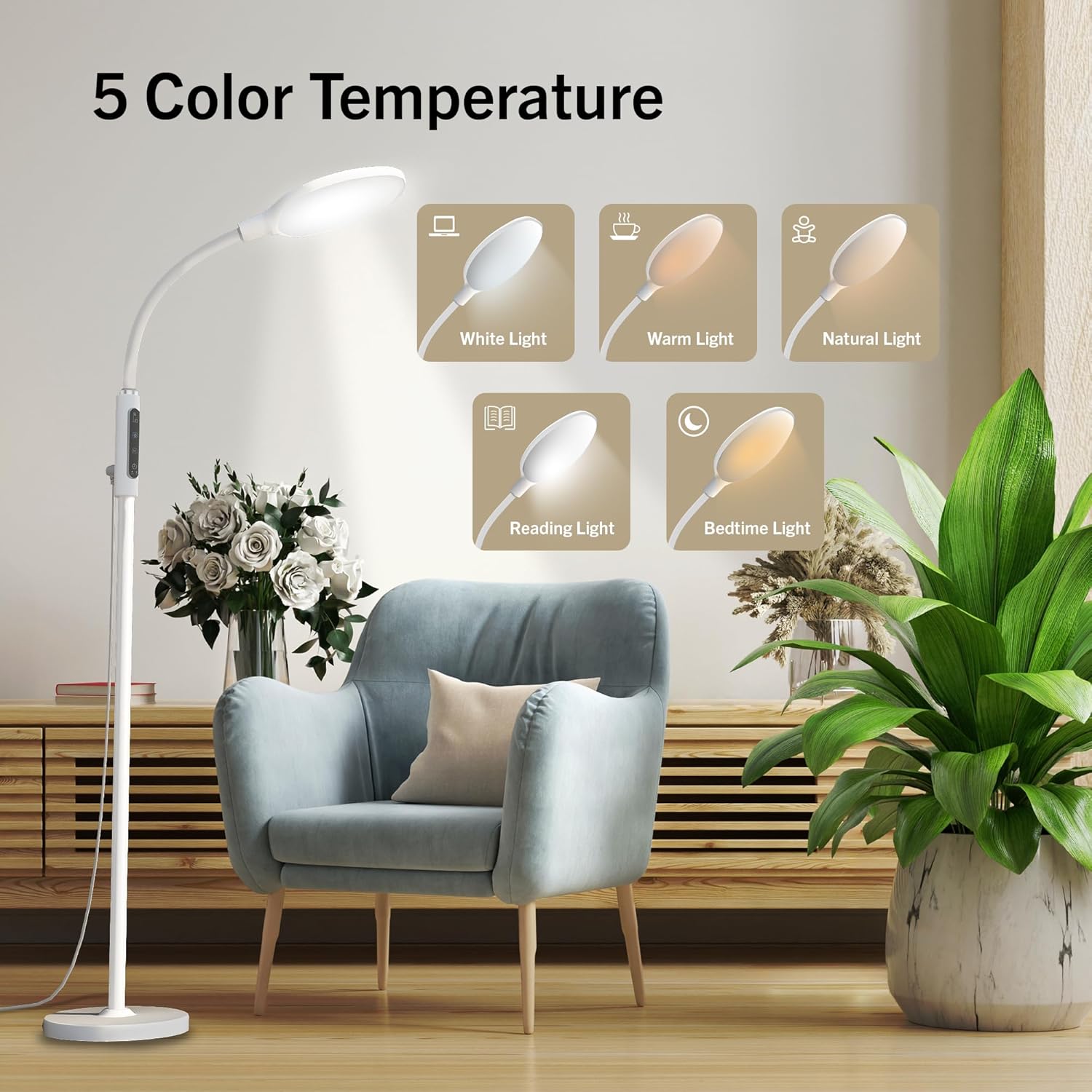 8123OLVJ5DL._AC_SL1500_.jpg PRIMETEK Happy Light 10000 Lux Mood Lamp, Dual Control Remote,Touch Screen Sad Lamp, Adjustable LED Floor Lamp, UV-Free Sun Light, 5 Color Temperatures 10 Brightness Levels Happy Lights (White) - Image 5