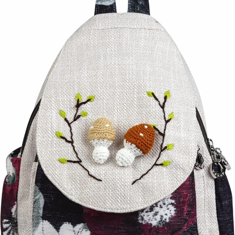 HUANGGUOSHU Boho and Hippie Small Canvas Backpack Purse for Women - Convertible Sling Bag, Embroidered and Woven Tapestry Patterns 2 Mushrooms