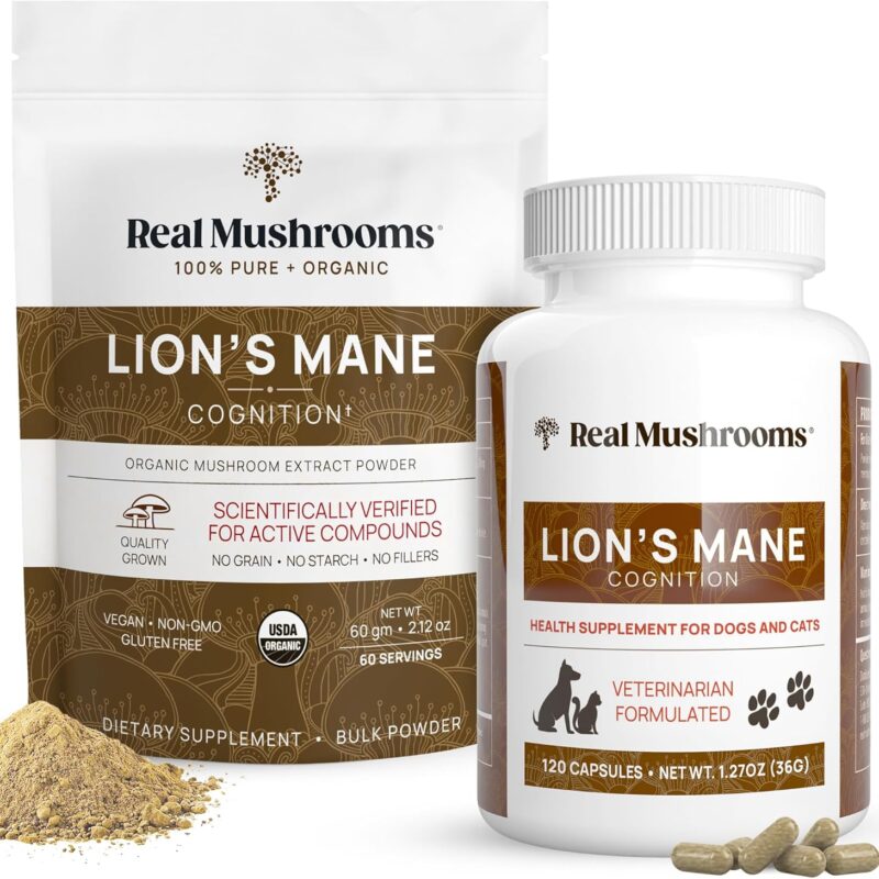 Real Mushrooms Lions Mane for Humans (60 Servings) and Pets (120ct) - Powder & Capsules Bundle for Cognition & Immunity - Vegan, Non-GMO, Gluten-Free, Grain-Free Mushroom Extract Supplements