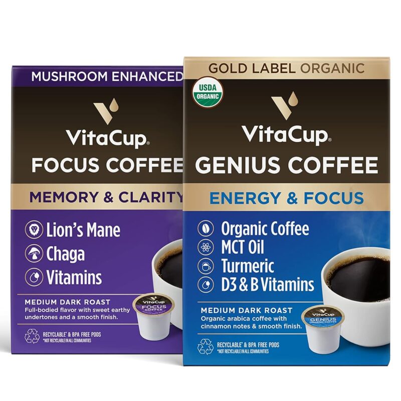 Vitacup Genius Gold & Focus Mushroom Coffee 32 Pod Bundle | Energy & Focus |Superfood & Vitamins Infused | Variety Pack of (2) 16 Count Single Serve Recyclable Pods Compatible with K-Cup Brewers