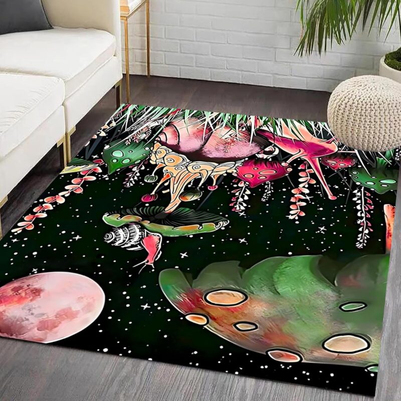 Mushrooms Snails and Full Moon at Night Background Crystal Velvet Area Rug 6x9ft Rugs for Living Room Bedroom