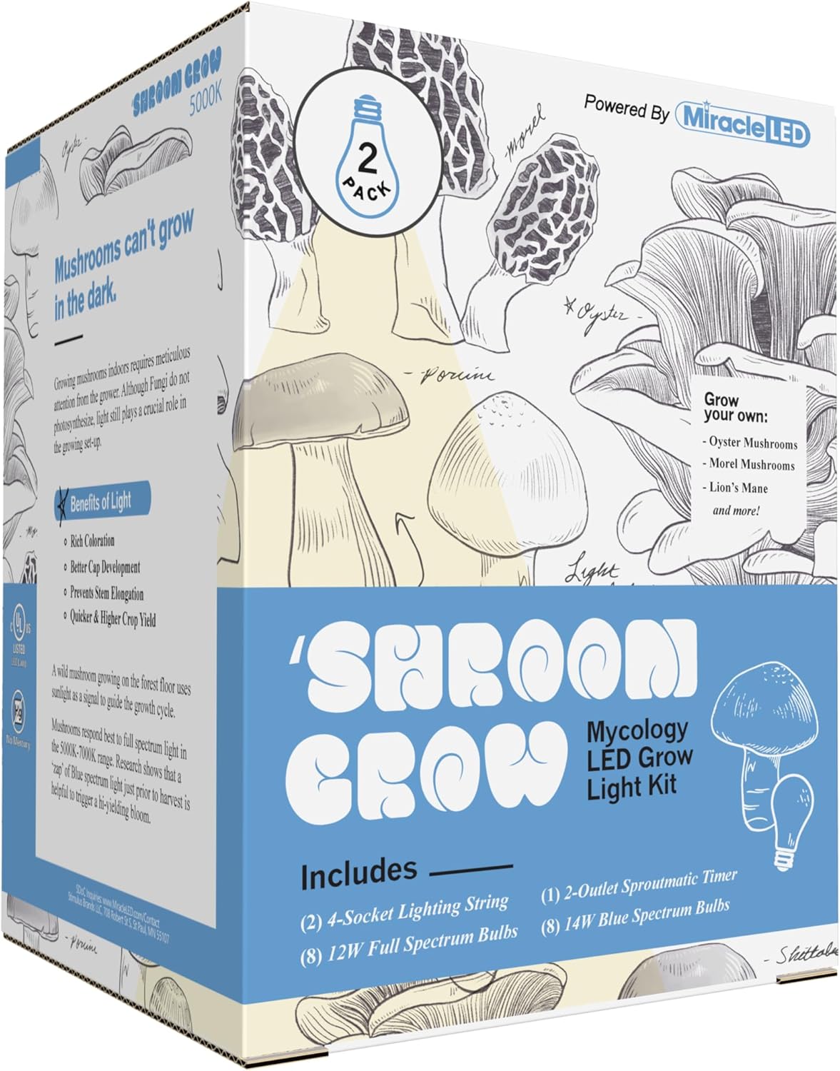 813mT3bRnNL._AC_SL1500_.jpg Miracle LED Shroom Indoor Grow Kit for Oyster, Shiitake Mushrooms - 4 Ultra Grow Full & 4 Absolute Daylight + Blue Spectrum Replace 150W LED Grow Bulbs & 1 4-Socket Corded Fixture with Timer (2-Pack)