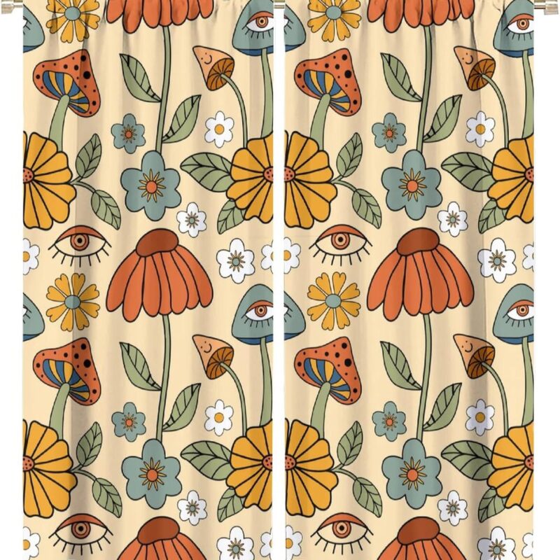 Retro Boho Floral Mushroom Curtains, Funky Mushrooms Flowers and Eyes Trippy Hippie Vintage Cottage Blackout Rod Pocket Windows Door Curtain for Bedroom Living Room Home Decor 63x72in