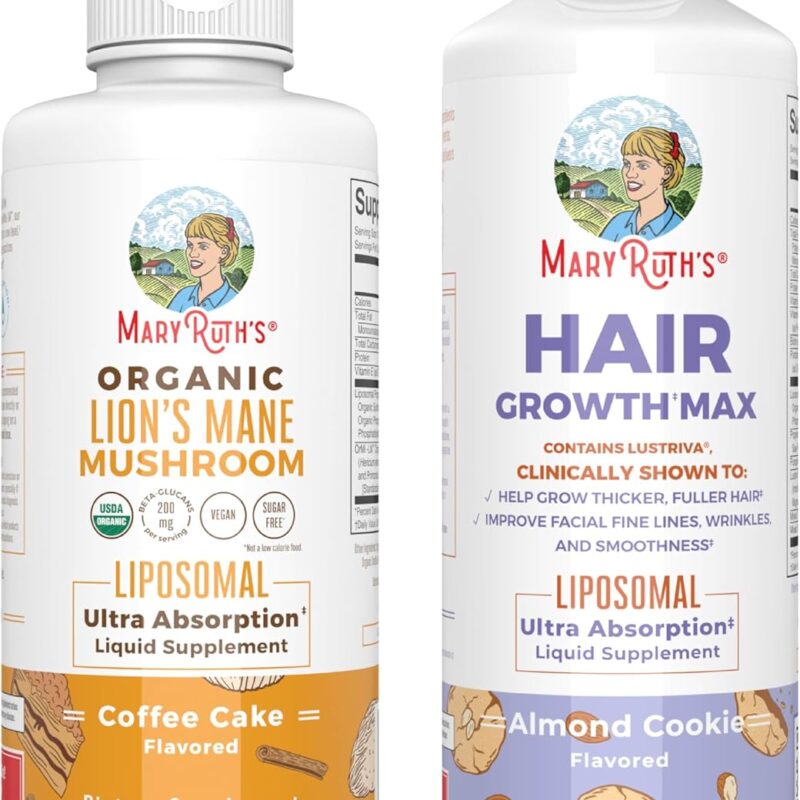MaryRuth Organics Lion's Mane Liposomal (Coffee Cake) & Hair Growth MAX (Almond Cookie) | Clean Label Project Verified® | Vitamins for Cognitive Support, Beauty, and Overall Health | Vegan, Non-GMO